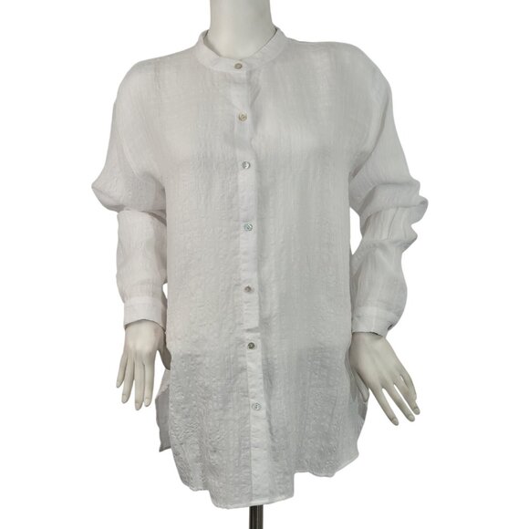 Eileen Fisher Women's Shirt Size M White Mandarin Collar Boxy  Linen-blend (60) - Picture 2 of 12